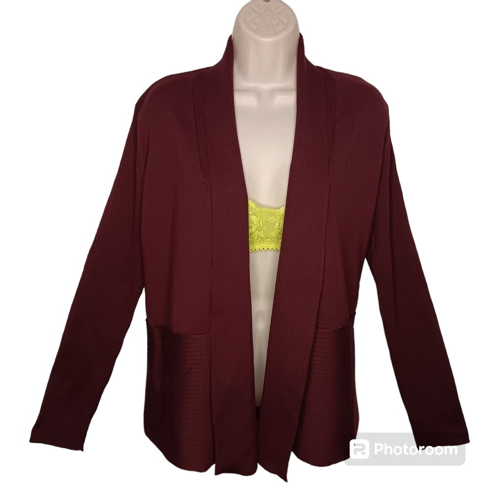 89th + Madison Cardigan Women's Large Open Front Ribbed Luxe Berry NEW